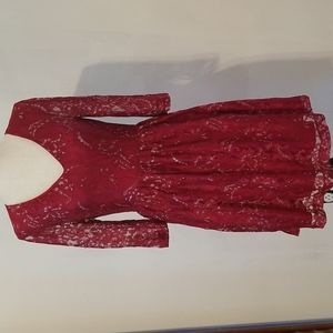 Red lace with silver sparkle V neck dress